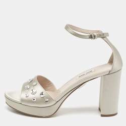 Miu Miu Grey Satin Crystal Embellished Platform Sandals Size 39.5