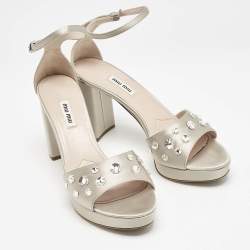Miu Miu Grey Satin Crystal Embellished Platform Sandals Size 39.5