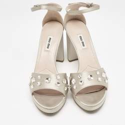 Miu Miu Grey Satin Crystal Embellished Platform Sandals Size 39.5
