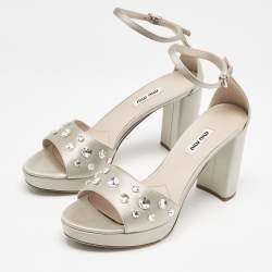 Miu Miu Grey Satin Crystal Embellished Platform Sandals Size 39.5