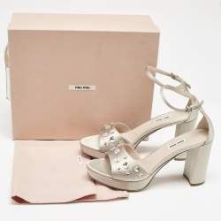 Miu Miu Grey Satin Crystal Embellished Platform Sandals Size 39.5