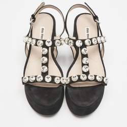 Miu Miu Black Suede Crystal Embellished Platform Sandals Size 39
