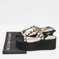 Miu Miu Black Suede Crystal Embellished Platform Sandals Size 39