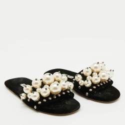 Pre Owned Miu Miu Black Velvet Faux Pearl Embellished Flat Slide Sandals Size 36