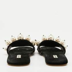 Pre Owned Miu Miu Black Velvet Faux Pearl Embellished Flat Slide Sandals Size 36