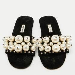 Pre Owned Miu Miu Black Velvet Faux Pearl Embellished Flat Slide Sandals Size 36