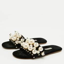 Pre Owned Miu Miu Black Velvet Faux Pearl Embellished Flat Slide Sandals Size 36