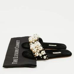 Pre Owned Miu Miu Black Velvet Faux Pearl Embellished Flat Slide Sandals Size 36