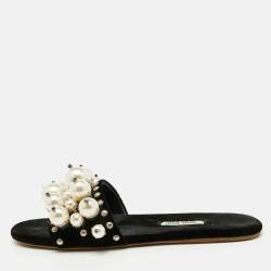 Pre Owned Miu Miu Black Velvet Faux Pearl Embellished Flat Slide Sandals Size 36