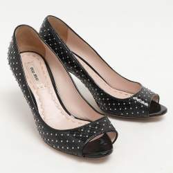 Pre Owned Miu Miu Black Patent Leather Studded Peep Toe Pumps Size 37