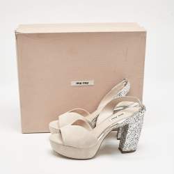 Miu Miu Beige/Silver Leather and Suede Glitter Heel Sandals Size 36