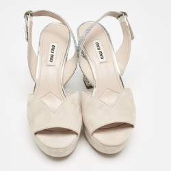 Miu Miu Beige/Silver Leather and Suede Glitter Heel Sandals Size 36
