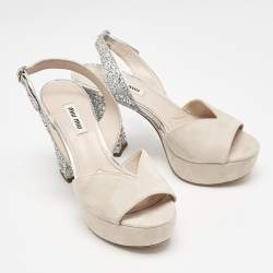 Miu Miu Beige/Silver Leather and Suede Glitter Heel Sandals Size 36