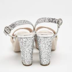 Miu Miu Beige/Silver Leather and Suede Glitter Heel Sandals Size 36