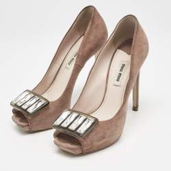 Miu Miu Beige Suede Crystal Embellished Peep Toe Platform Pumps Size 37