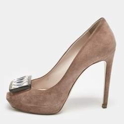 Miu Miu Beige Suede Crystal Embellished Peep Toe Platform Pumps Size 37