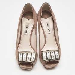Miu Miu Beige Suede Crystal Embellished Peep Toe Platform Pumps Size 37