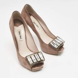 Miu Miu Beige Suede Crystal Embellished Peep Toe Platform Pumps Size 37