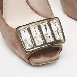 Miu Miu Beige Suede Crystal Embellished Peep Toe Platform Pumps Size 37