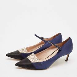 Miu Miu Black/Blue Satin Crystal Embellished Pointed Toe Pumps Size 39.5