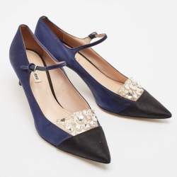 Miu Miu Black/Blue Satin Crystal Embellished Pointed Toe Pumps Size 39.5