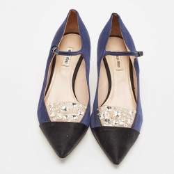 Miu Miu Black/Blue Satin Crystal Embellished Pointed Toe Pumps Size 39.5