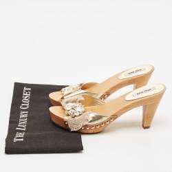 Pre Owned Miu Miu Gold Leather Crystal Embellished Clogs Size 37
