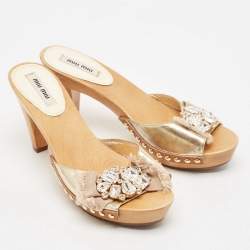 Pre Owned Miu Miu Gold Leather Crystal Embellished Clogs Size 37