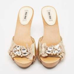 Pre Owned Miu Miu Gold Leather Crystal Embellished Clogs Size 37