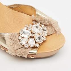 Pre Owned Miu Miu Gold Leather Crystal Embellished Clogs Size 37