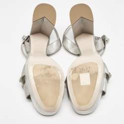 Pre Owned Miu Miu Silver Leather Crystals Embellished Platform Sandals Size 41