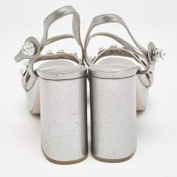 Pre Owned Miu Miu Silver Leather Crystals Embellished Platform Sandals Size 41