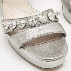 Pre Owned Miu Miu Silver Leather Crystals Embellished Platform Sandals Size 41