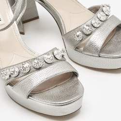 Pre Owned Miu Miu Silver Leather Crystals Embellished Platform Sandals Size 41
