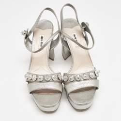 Pre Owned Miu Miu Silver Leather Crystals Embellished Platform Sandals Size 41