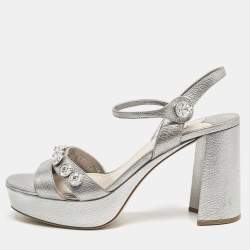 Pre Owned Miu Miu Silver Leather Crystals Embellished Platform Sandals Size 41