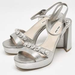 Pre Owned Miu Miu Silver Leather Crystals Embellished Platform Sandals Size 41