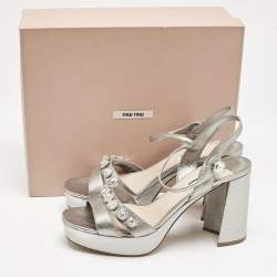 Pre Owned Miu Miu Silver Leather Crystals Embellished Platform Sandals Size 41