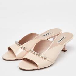 Miu Miu Cream Patent Leather Crystal Embellished Open Toe Mules Size 39.5