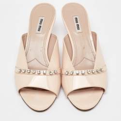 Miu Miu Cream Patent Leather Crystal Embellished Open Toe Mules Size 39.5