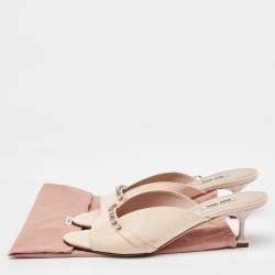 Miu Miu Cream Patent Leather Crystal Embellished Open Toe Mules Size 39.5