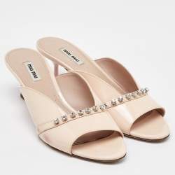 Miu Miu Cream Patent Leather Crystal Embellished Open Toe Mules Size 39.5