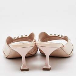 Miu Miu Cream Patent Leather Crystal Embellished Open Toe Mules Size 39.5