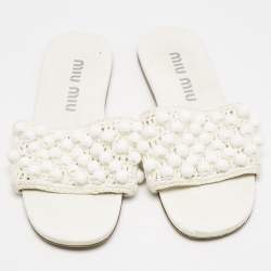 Miu Miu White Crochet Beaded Slide Flats Size 39