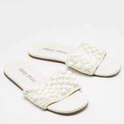 Miu Miu White Crochet Beaded Slide Flats Size 39