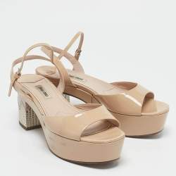 Miu Miu Beige Patent Leather Ankle Strap Sandals Size 38