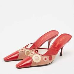 Miu Miu Red/Beige Leather and Mesh Pointed Toe Mules Size 40
