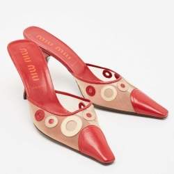 Miu Miu Red/Beige Leather and Mesh Pointed Toe Mules Size 40