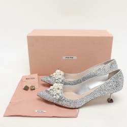 Miu Miu Silver Studded Glitter Crystal Embellished Pointed-Toe Pumps Size 38.5