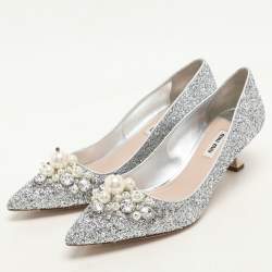 Miu Miu Silver Studded Glitter Crystal Embellished Pointed-Toe Pumps Size 38.5